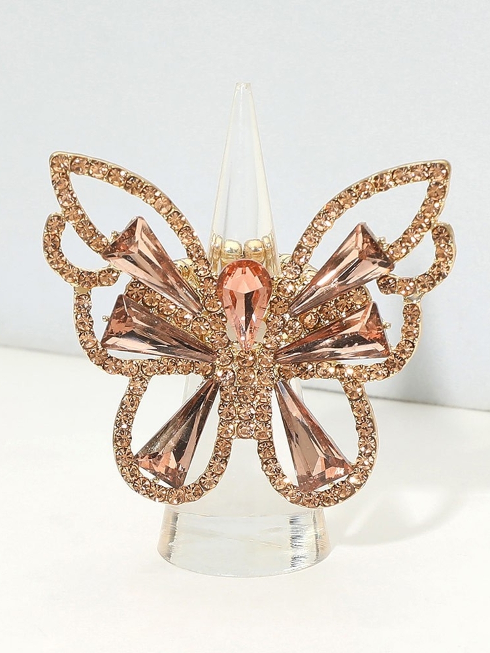 Gold Peach Butterfly Ring Crystal Rhinestones Cute Finger Statement Accessory